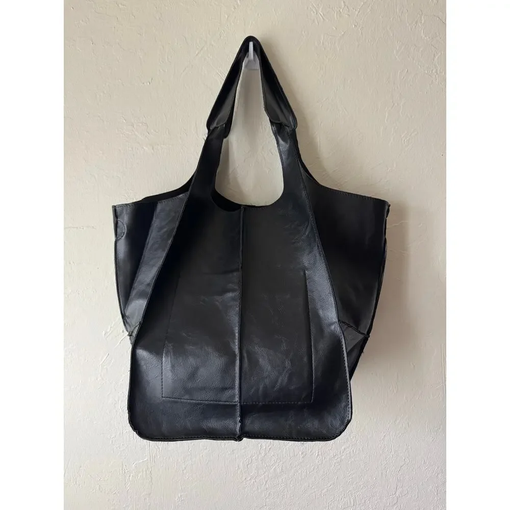 NWOT Large Black Faux Leather Shoulder Bag - Picture 3 of 8